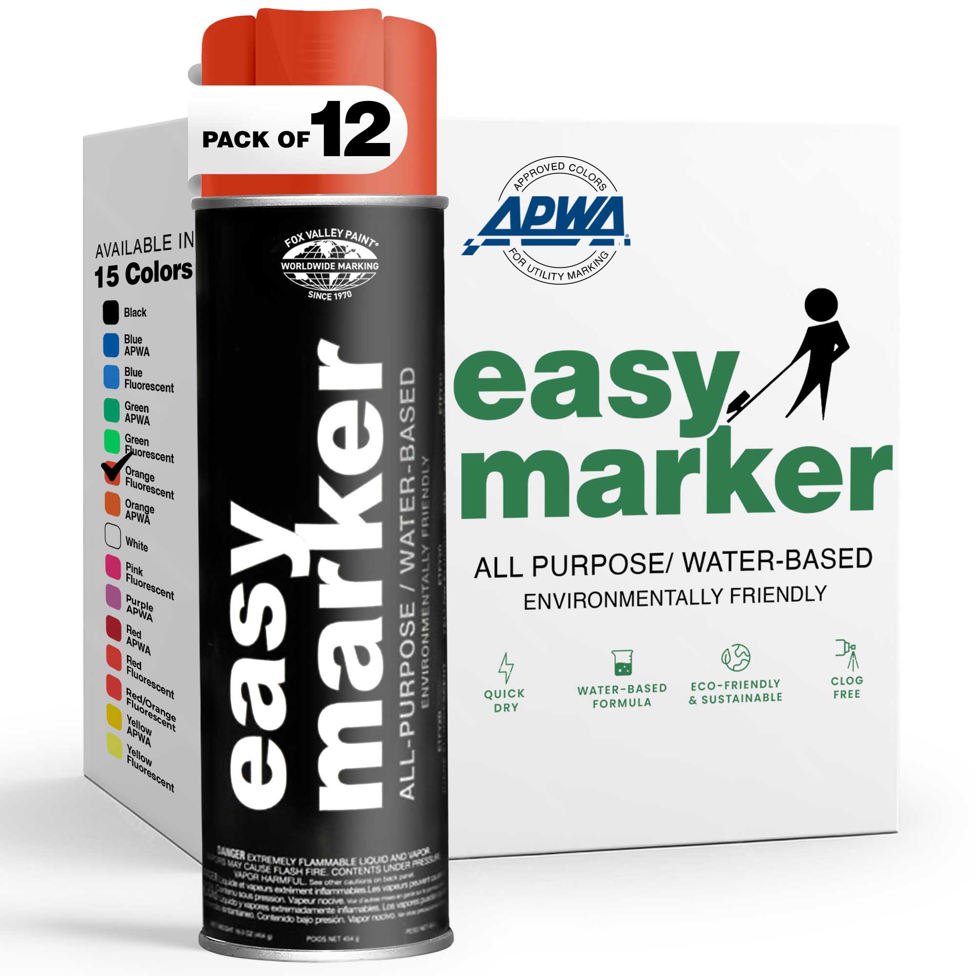 Fox Valley Easy Marker Inverted Utility Marking Spray Paint (Water-Based) - Orange Fluorescent